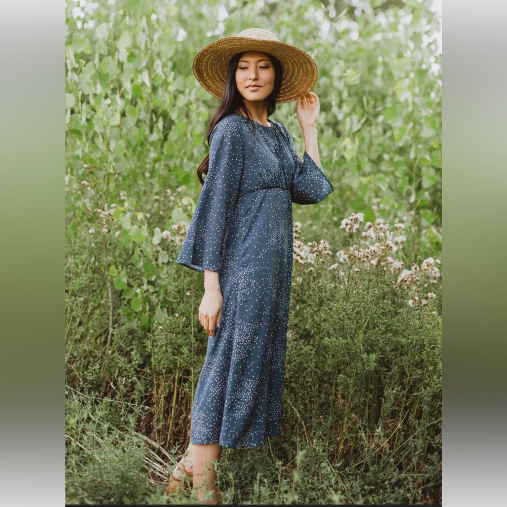 Piper and Scoot: The Pacific Dot Midi Dress in Dusty Blue Size Medium